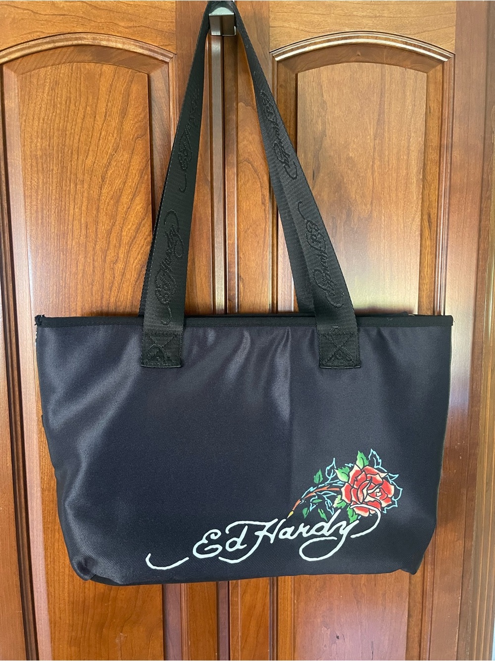 Ed Hardy Black Tote with Red Rose and Heart Tattoo Graphic Til True Death - Picture 2 of 5